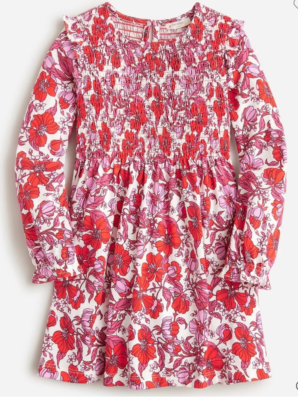 NWOT J Crew Girls Floral Smocked Long Sleeve Dress - Red & Pink Size 5